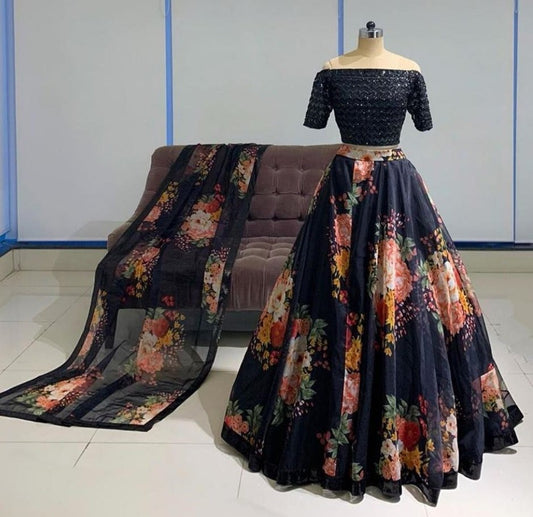 Black georgette floral printed lehenga with sequence work blouse