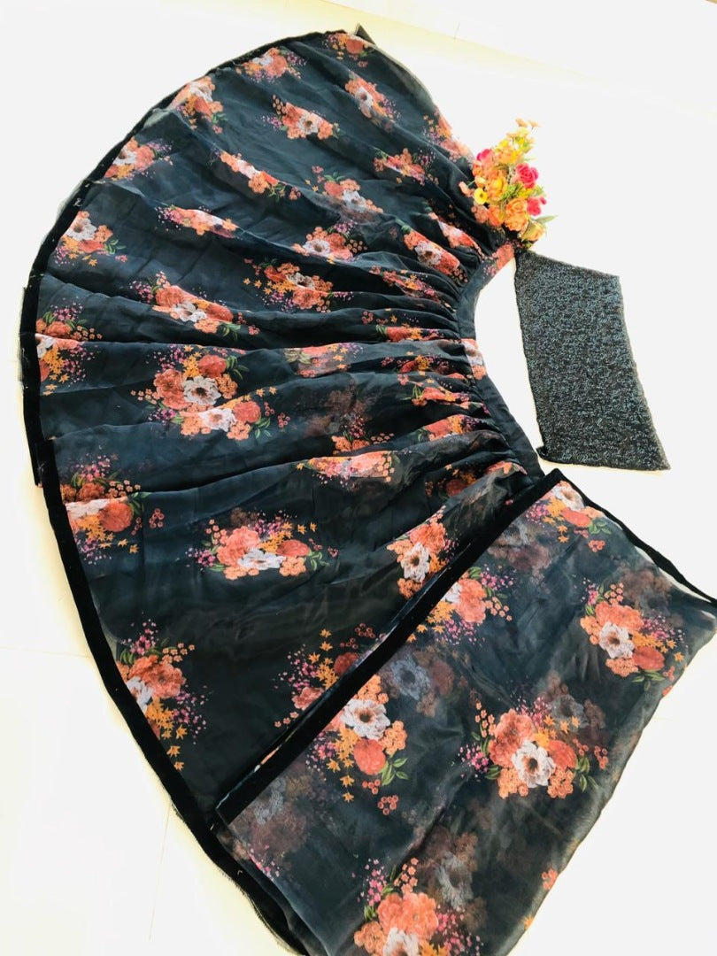 Black georgette floral printed lehenga with sequence work blouse