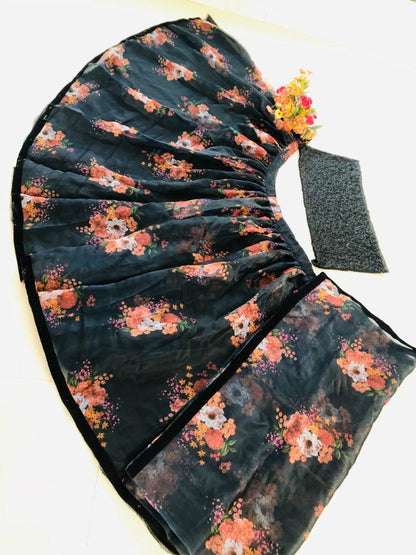 Black georgette floral printed lehenga with sequence work blouse