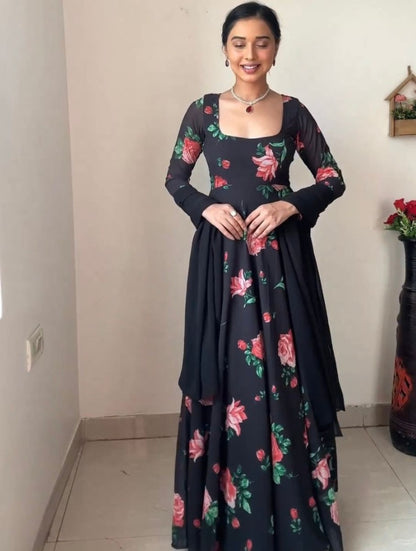 Black georgette floral printed party wear gown