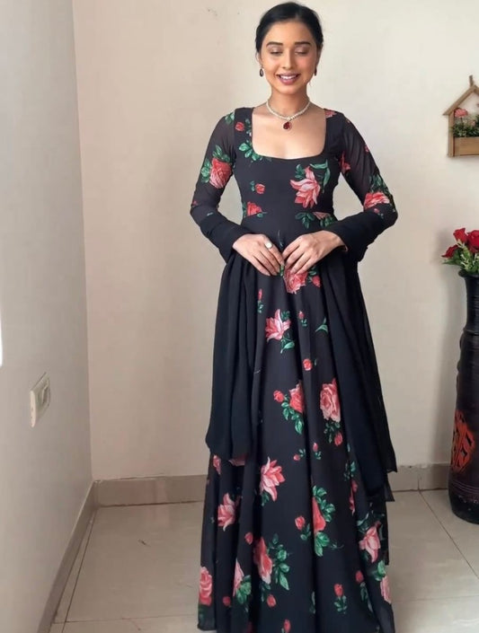 Black georgette floral printed party wear gown