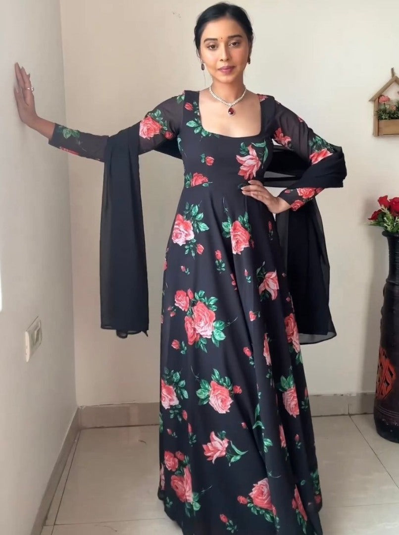 Black georgette floral printed party wear gown