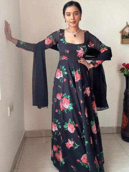 Black georgette floral printed party wear gown