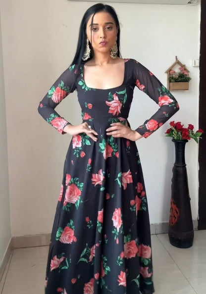 Black georgette floral printed party wear gown