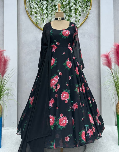 Black georgette floral printed party wear gown