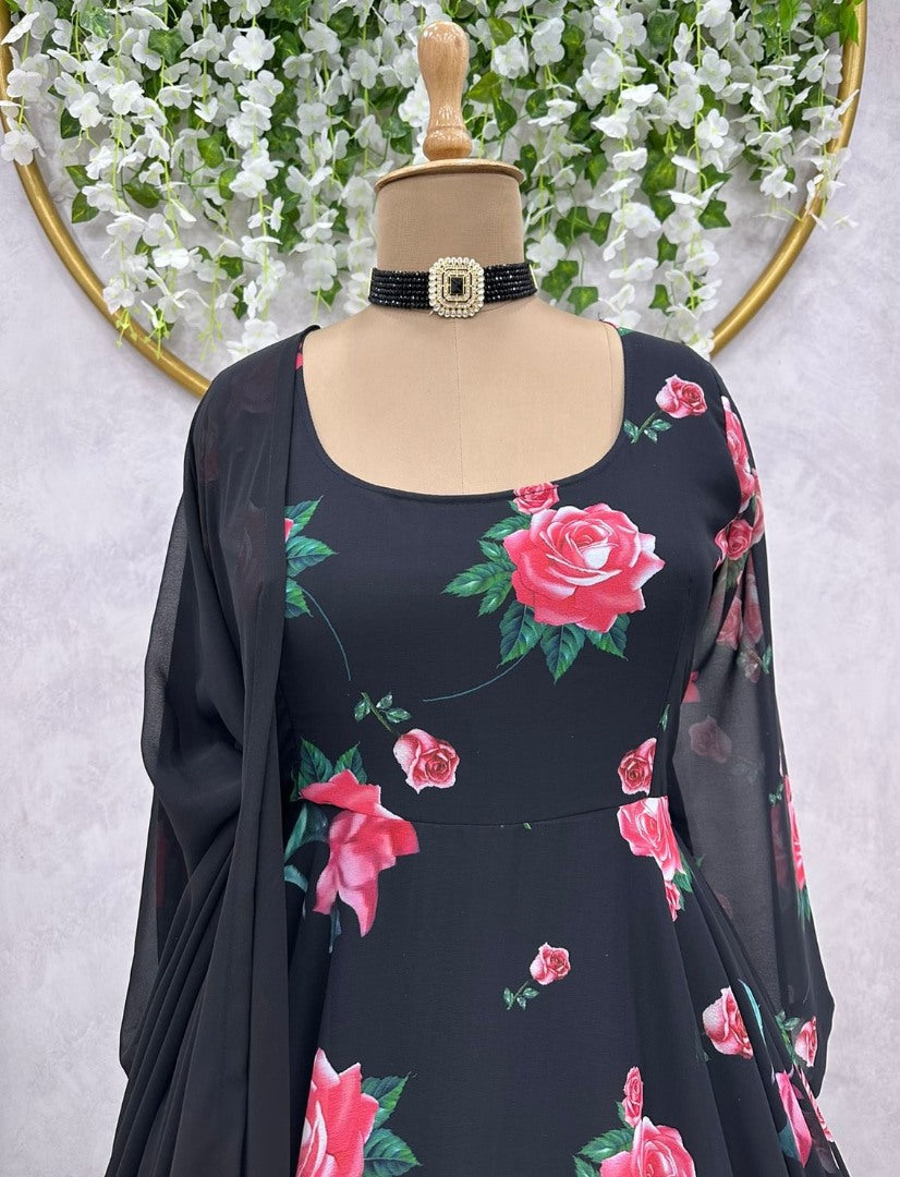 Black georgette floral printed party wear gown