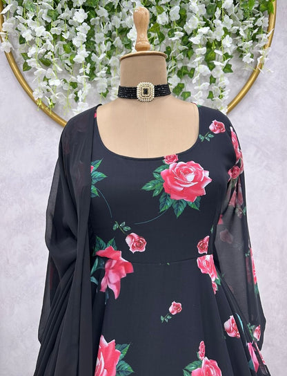 Black georgette floral printed party wear gown