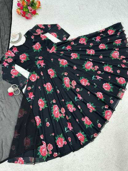 Black georgette floral printed party wear gown