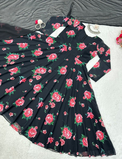 Black georgette floral printed party wear gown