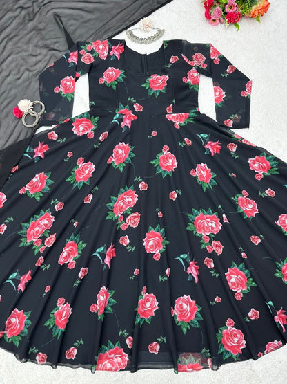 Black georgette floral printed party wear gown