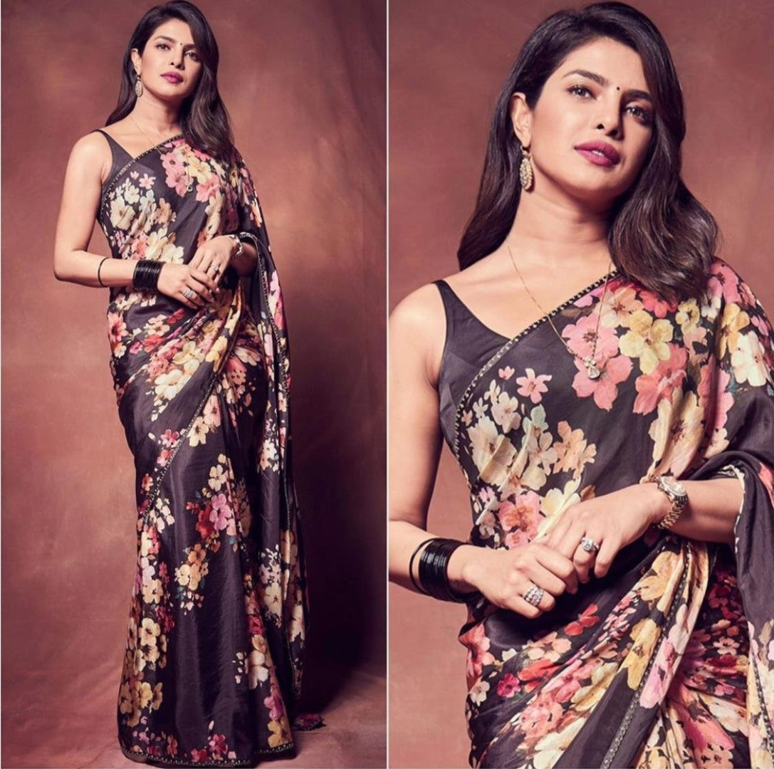 Black georgette floral printed partywear saree
