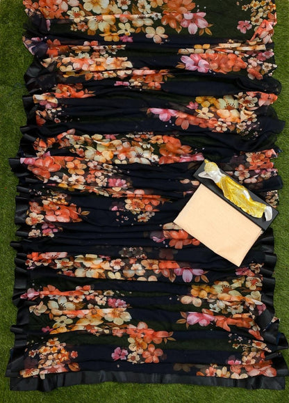 Black georgette floral printed partywear saree