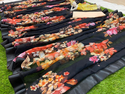 Black georgette floral printed partywear saree