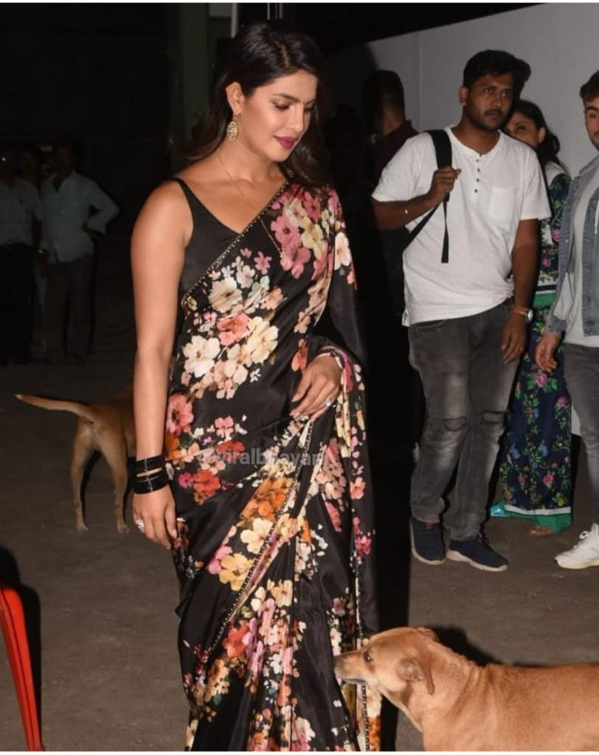 Black georgette floral printed partywear saree