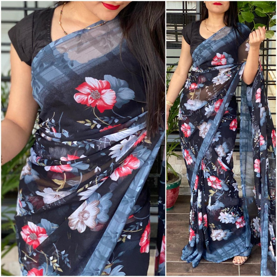 Black Georgette floral printed saree