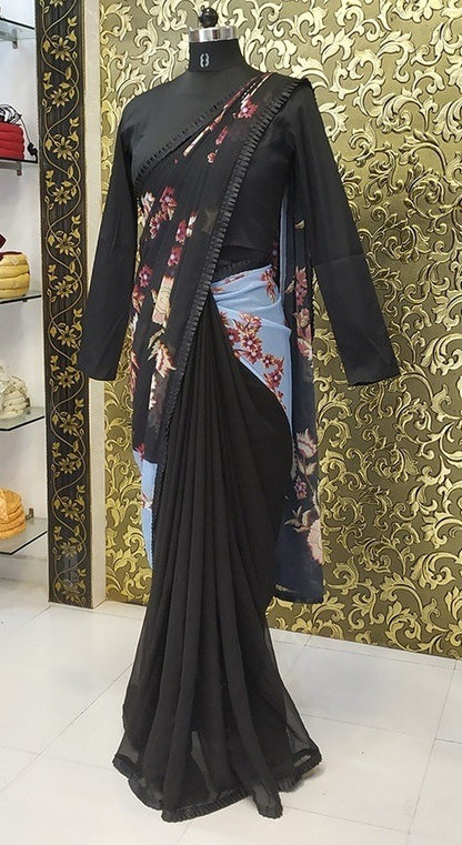 Black georgette flower digital printed partywear saree