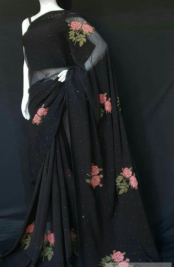Black georgette flower embroidered saree