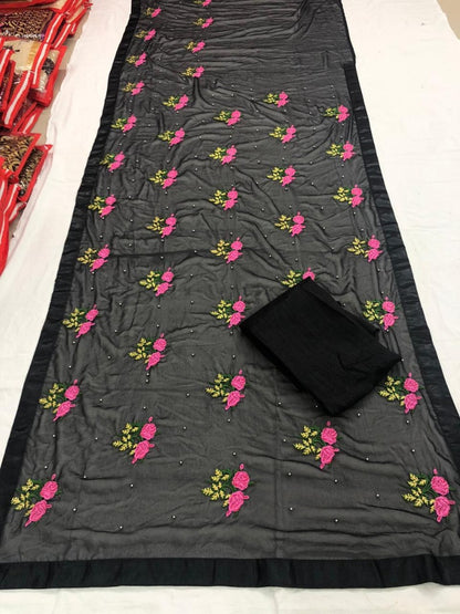 Black georgette flower embroidered saree