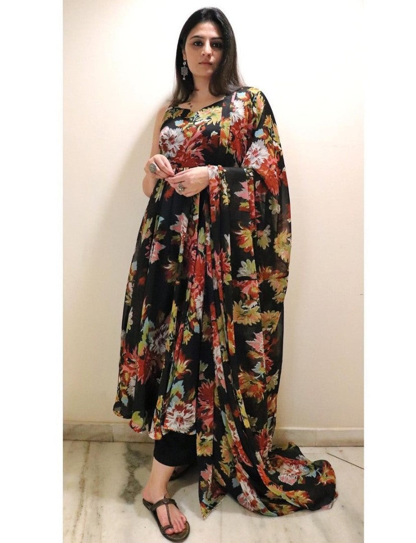 Black georgette flower printed anarkali suit