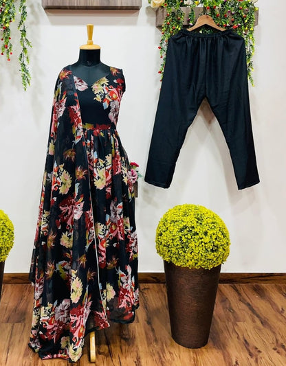 Black georgette flower printed anarkali suit