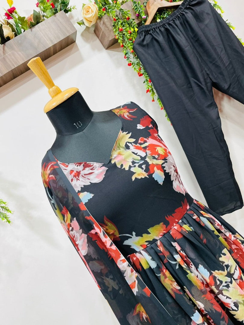 Black georgette flower printed anarkali suit