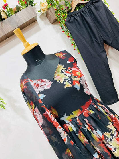 Black georgette flower printed anarkali suit