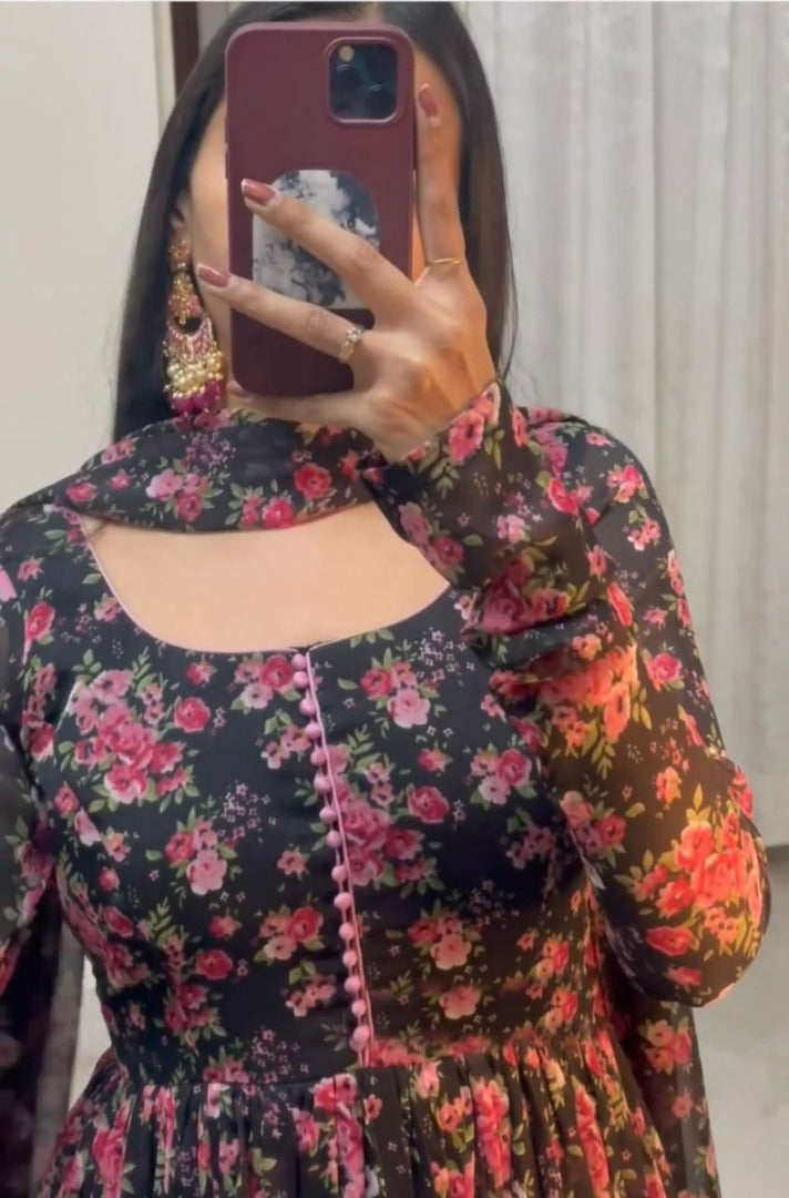 Black georgette flower printed anarkali suit