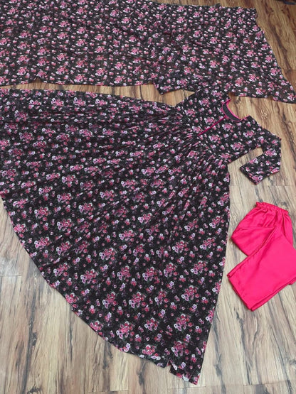 Black georgette flower printed anarkali suit