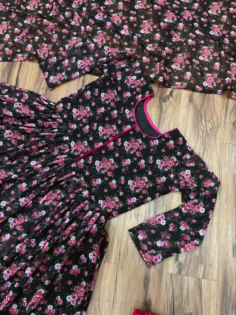 Black georgette flower printed anarkali suit