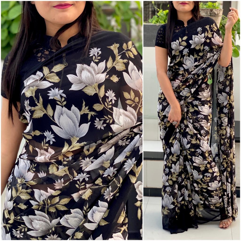 Black georgette flower printed casual wear saree