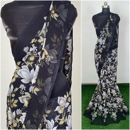 Black georgette flower printed casual wear saree