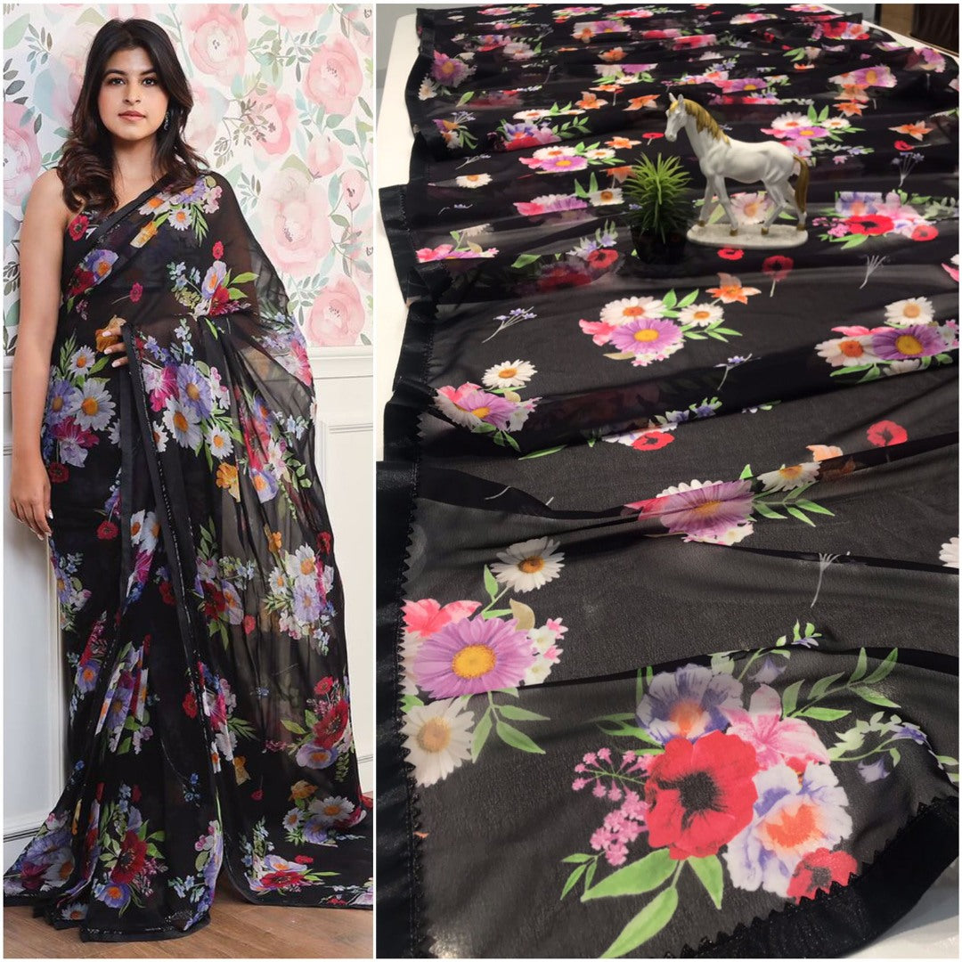Black georgette flower printed party wear saree