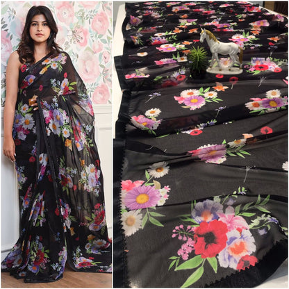 Black georgette flower printed party wear saree