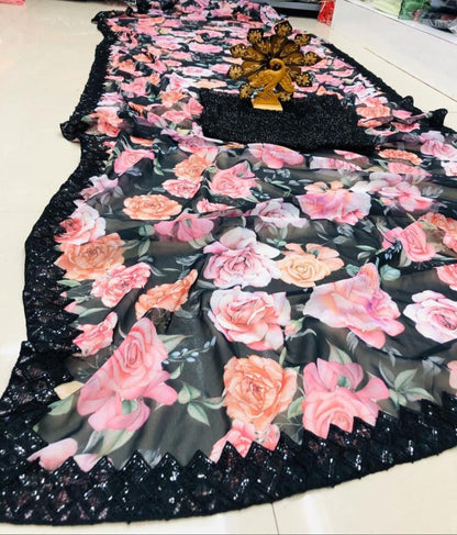 Black georgette flower printed sequence border partywear saree