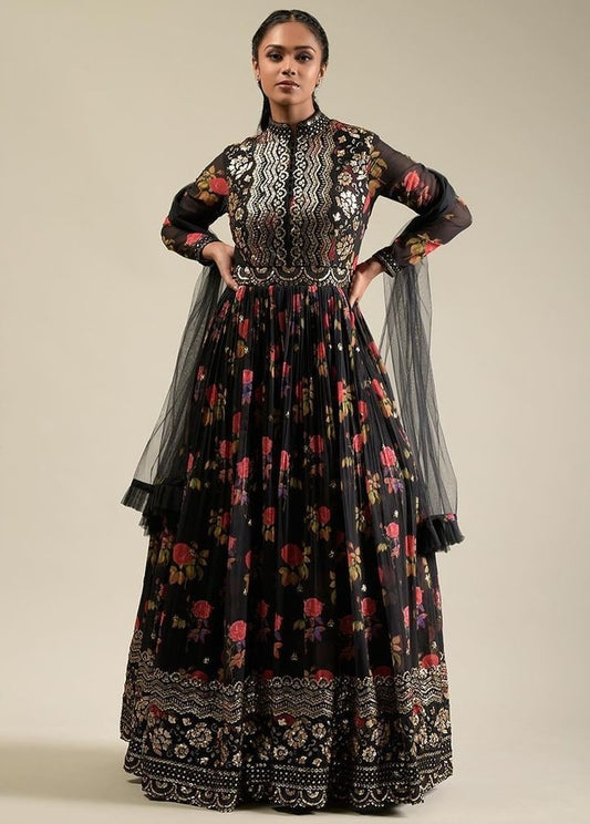 Black georgette flower printed sequence work gown