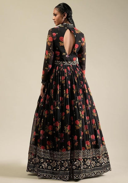 Black georgette flower printed sequence work gown