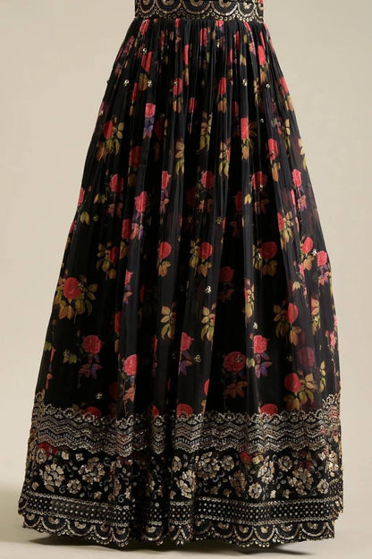 Black georgette flower printed sequence work gown