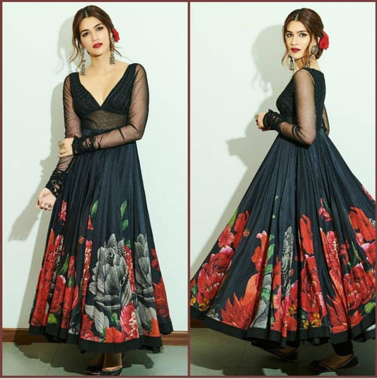 Black georgette flower printed stylist partywear anarkali suit