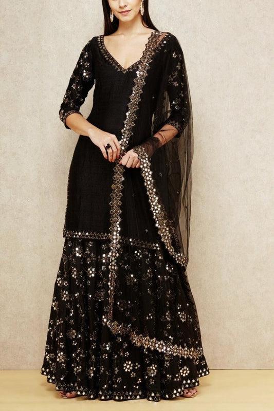 Black georgette foil mirror work sharara salwar suit