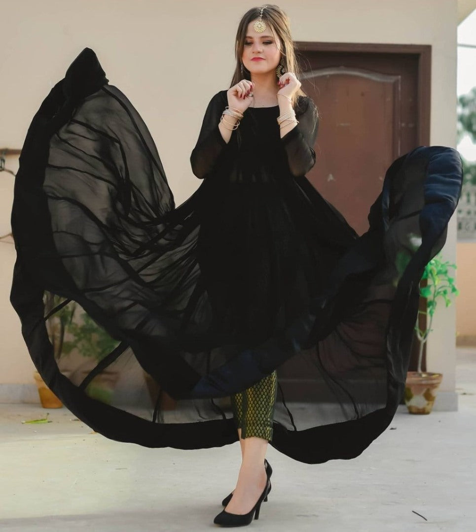 Black georgette gown with banarasi bottom