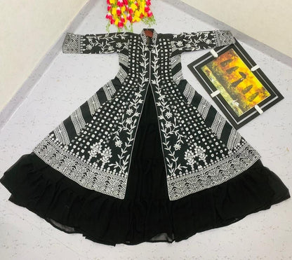 Black georgette gown with heavy embroidered shrug