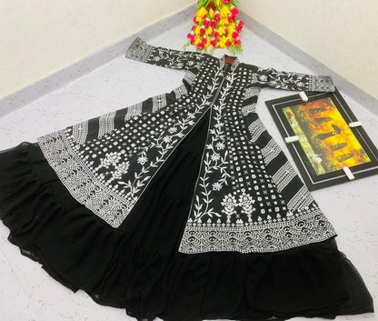 Black georgette gown with heavy embroidered shrug