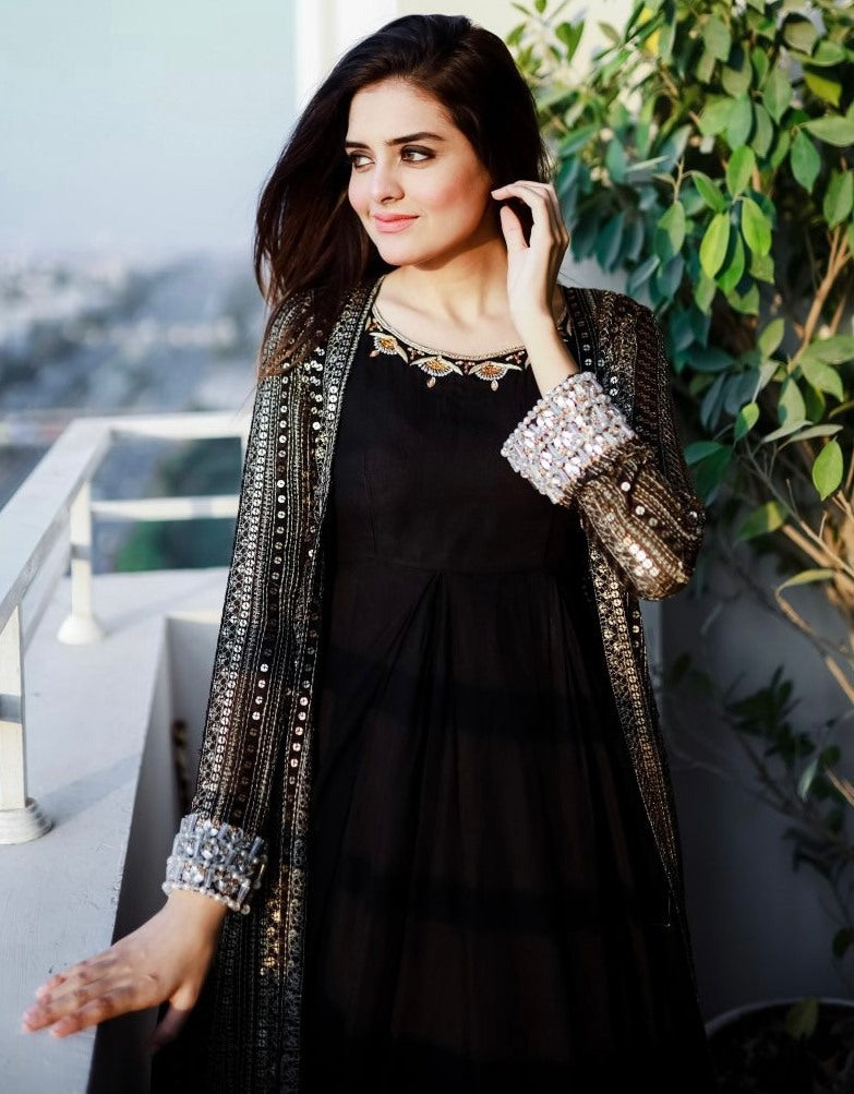 Black georgette gown with heavy embroidery work koti shrug
