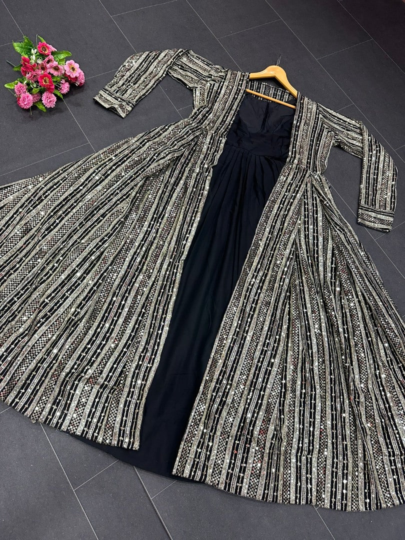 Black georgette gown with heavy embroidery work koti shrug