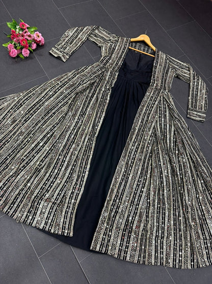 Black georgette gown with heavy embroidery work koti shrug