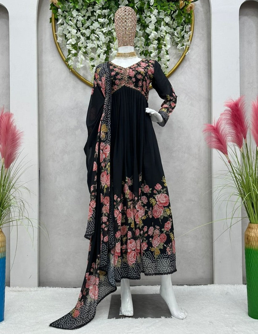 Black georgette handwork alia cut kurti