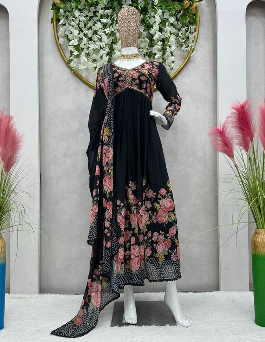 Black georgette handwork alia cut kurti