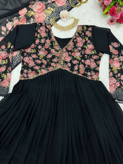 Black georgette handwork alia cut kurti