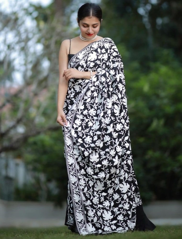 Black georgette heavy chain stitch work party wear saree