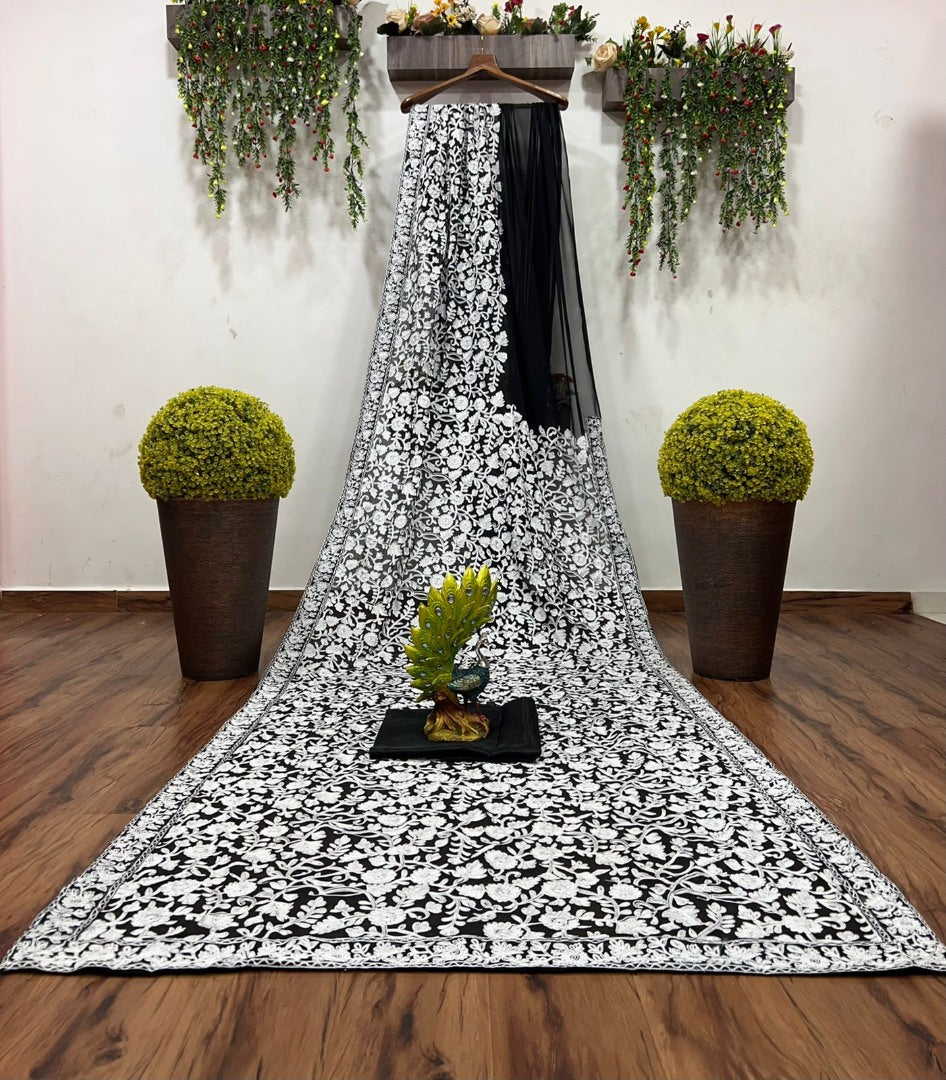 Black georgette heavy chain stitch work party wear saree